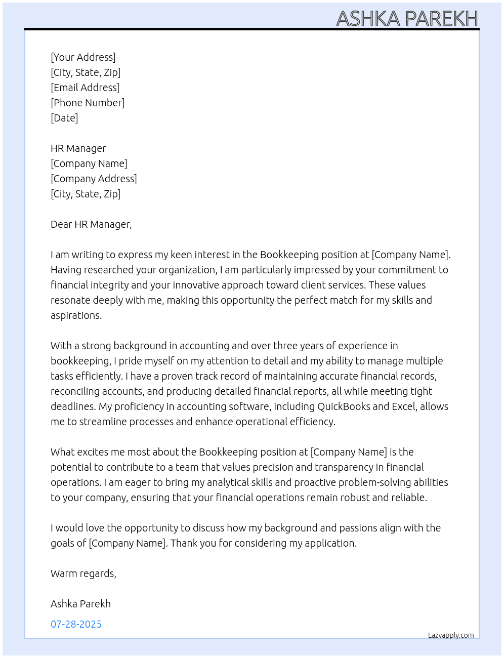 bookkeeping At any Cover Letter