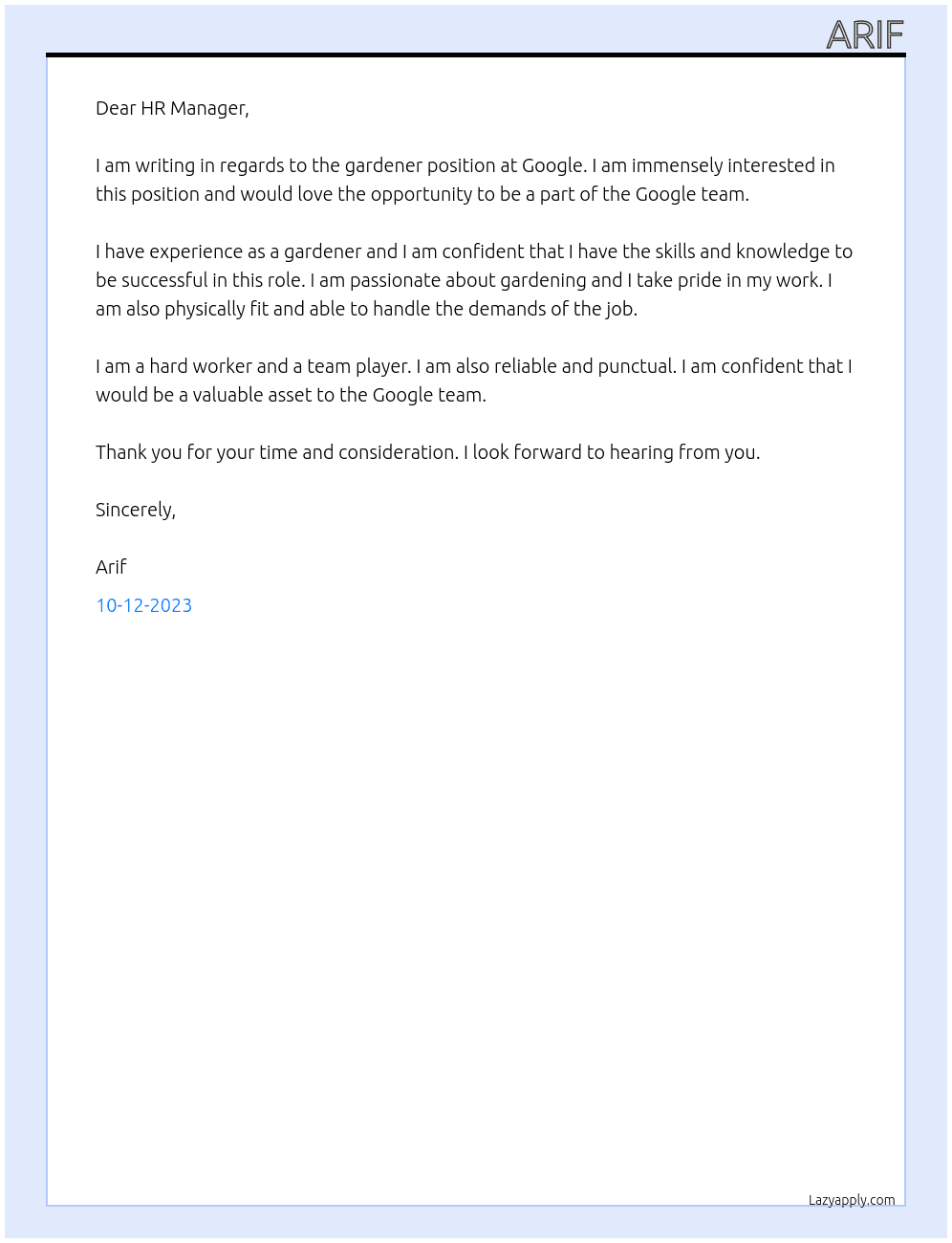 Gardener At google Cover Letter
