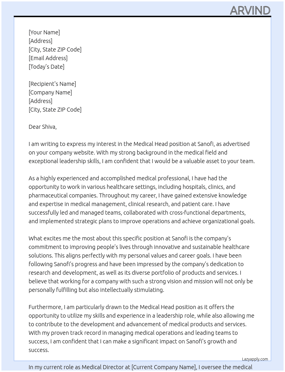 Medical Head  At Sanofi Cover Letter