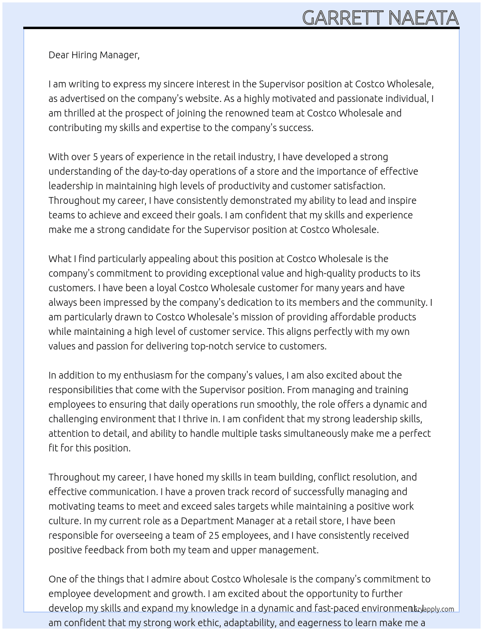 Supervisor At Costco Wholesale Cover Letter