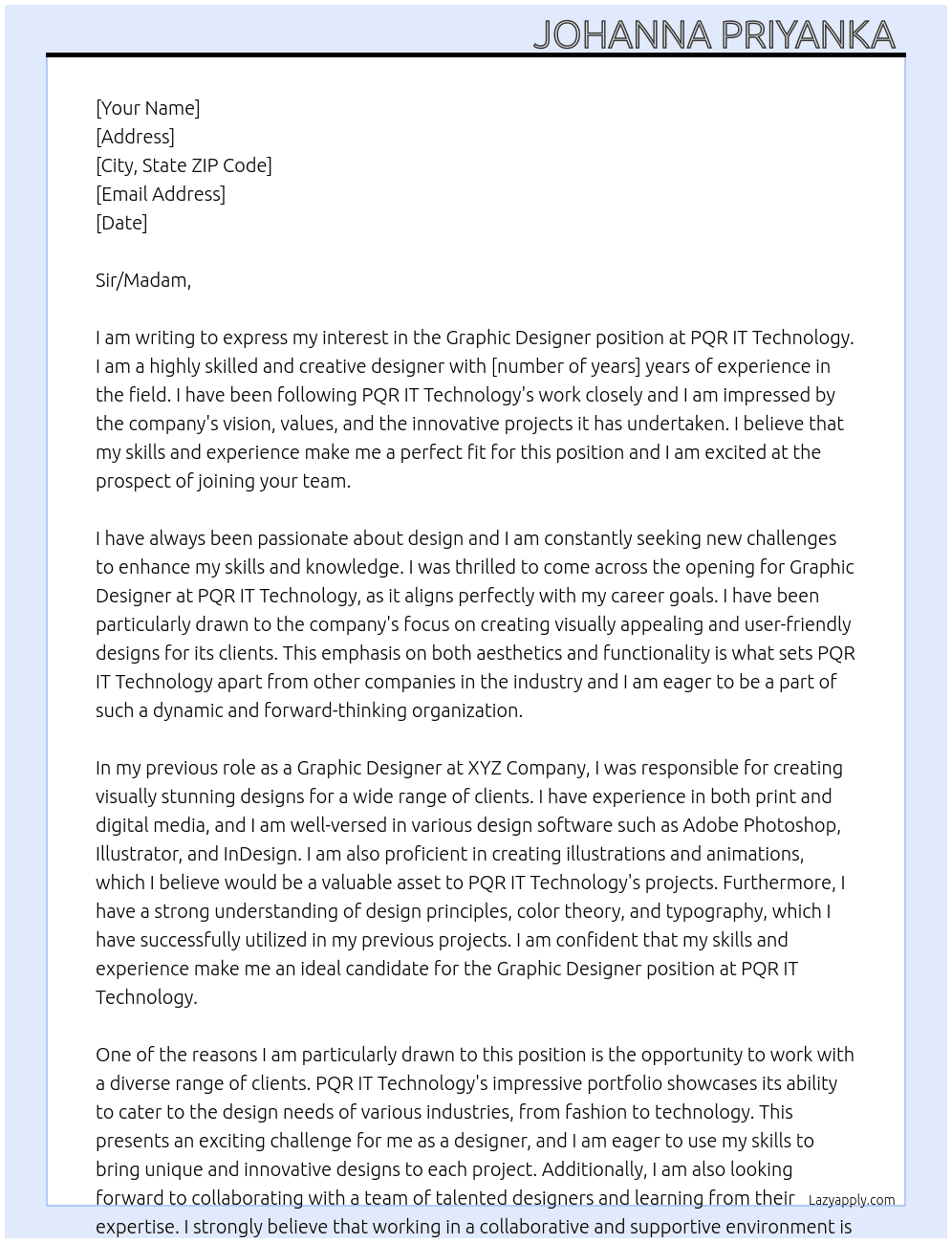 Graphic designer  At PQR IT Technology  Cover Letter