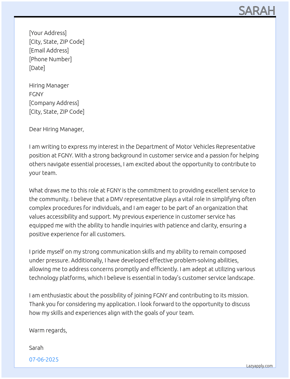 department of motor vehicles representative  At fgny Cover Letter