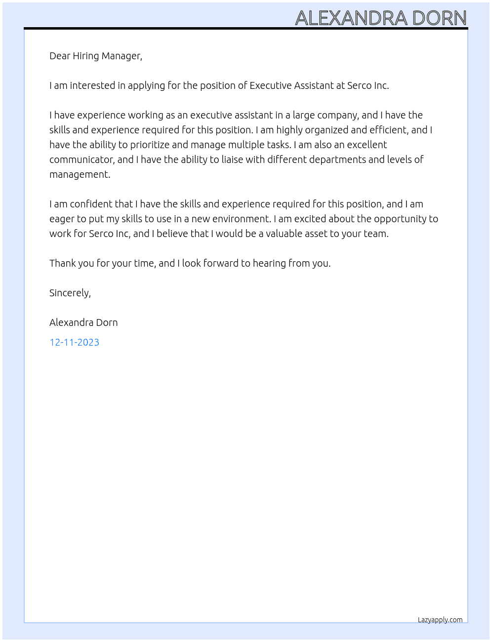Executive Assistant At Serco Inc. Cover Letter