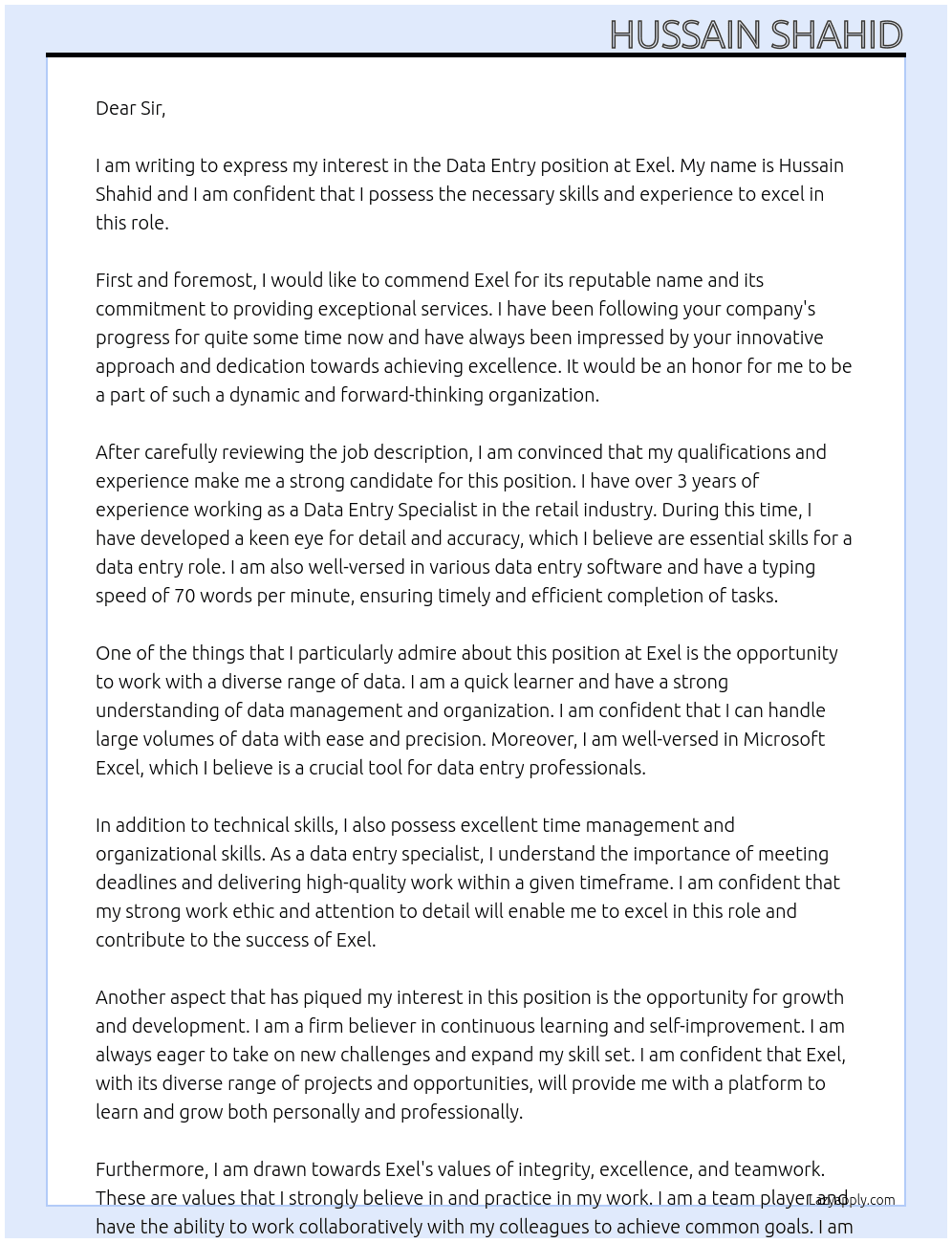 data entry At exel Cover Letter