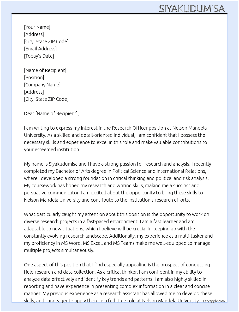research officer At nelson mandela university Cover Letter