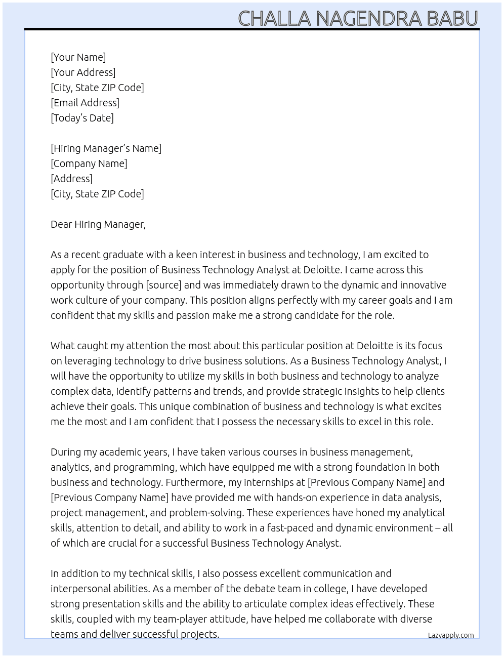 Business Technology Analyst Fresher At Delloitte Cover Letter