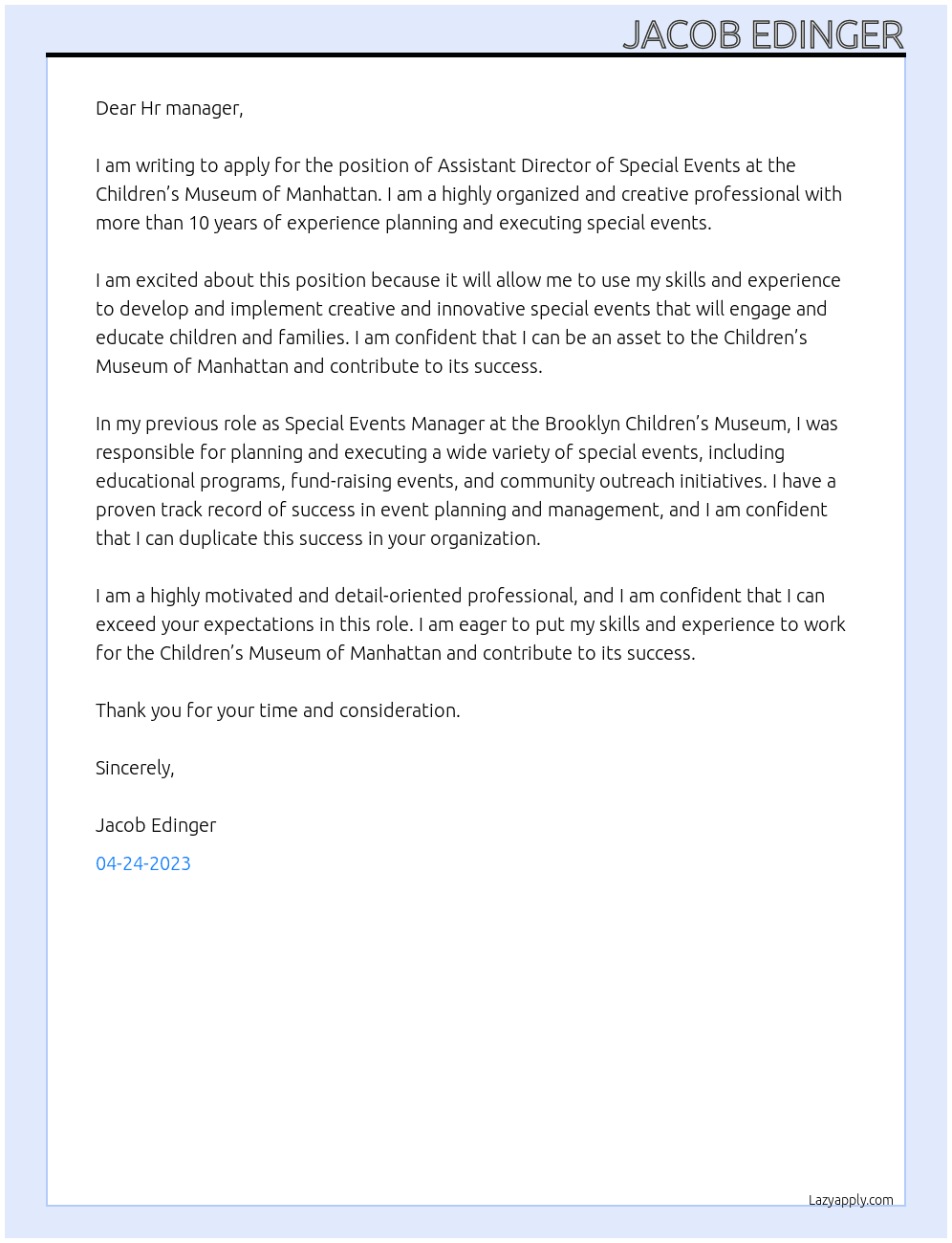  Assistant Director of Special Events At Children’s Museum of Manhattan Cover Letter