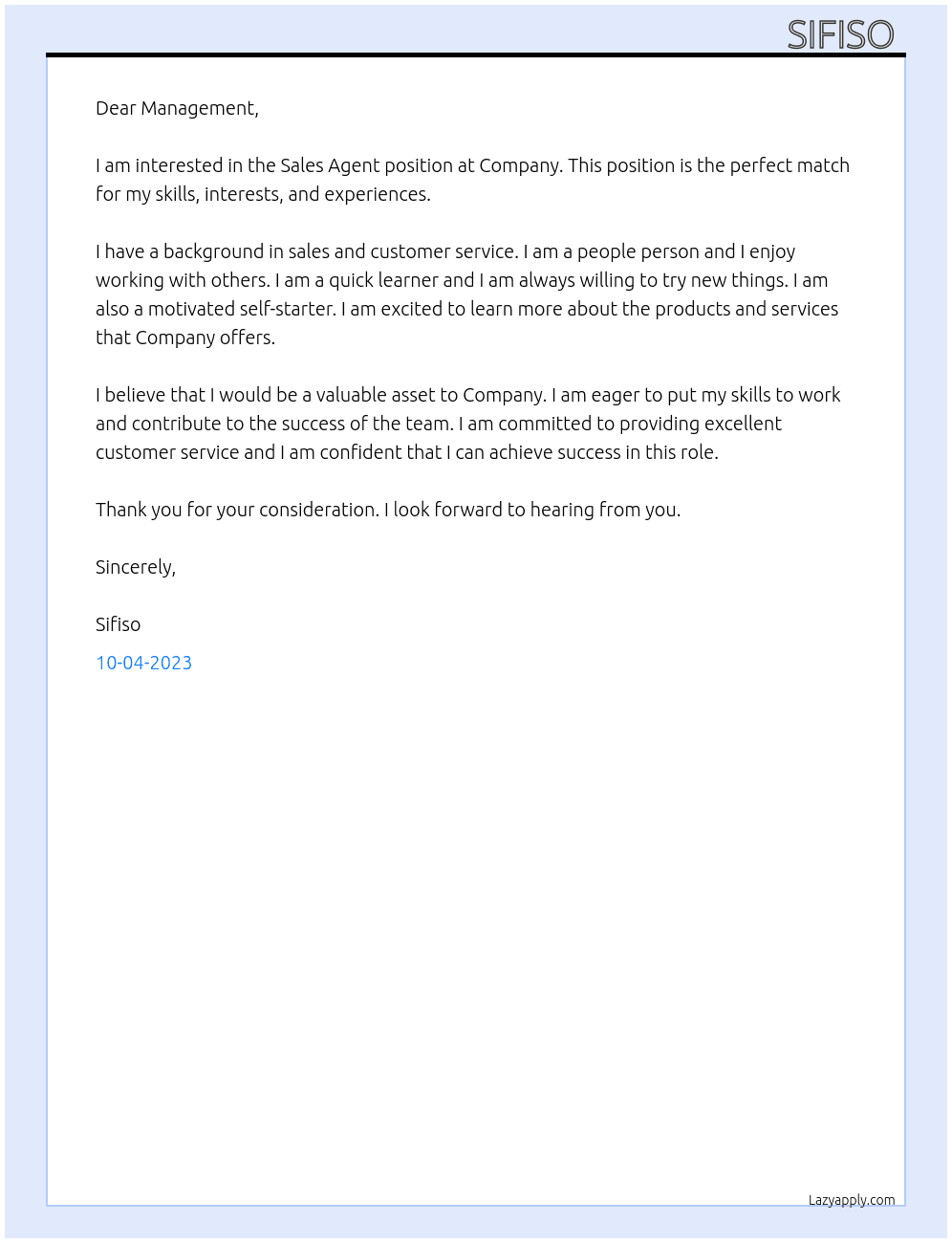 Sales agent  At Company  Cover Letter