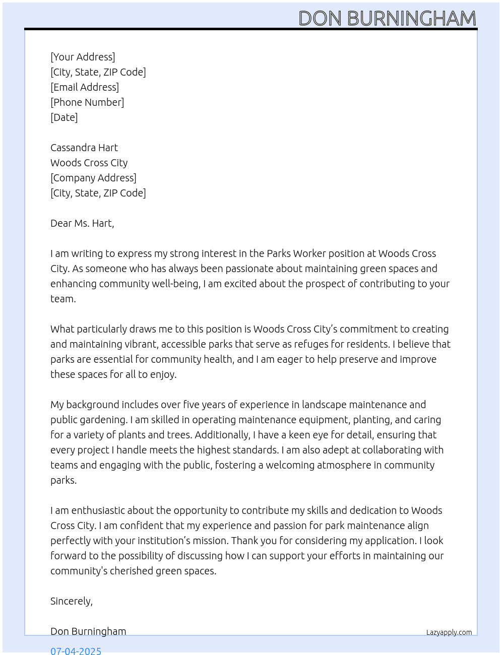 Parks Worker At Woods Cross City Cover Letter
