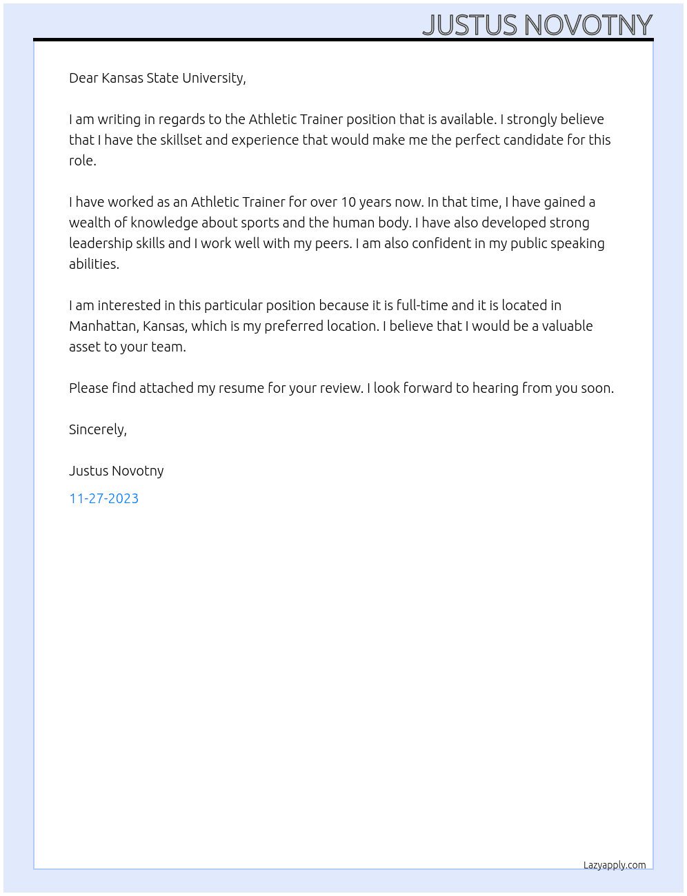 Athletic trainer  At Kansas State University  Cover Letter