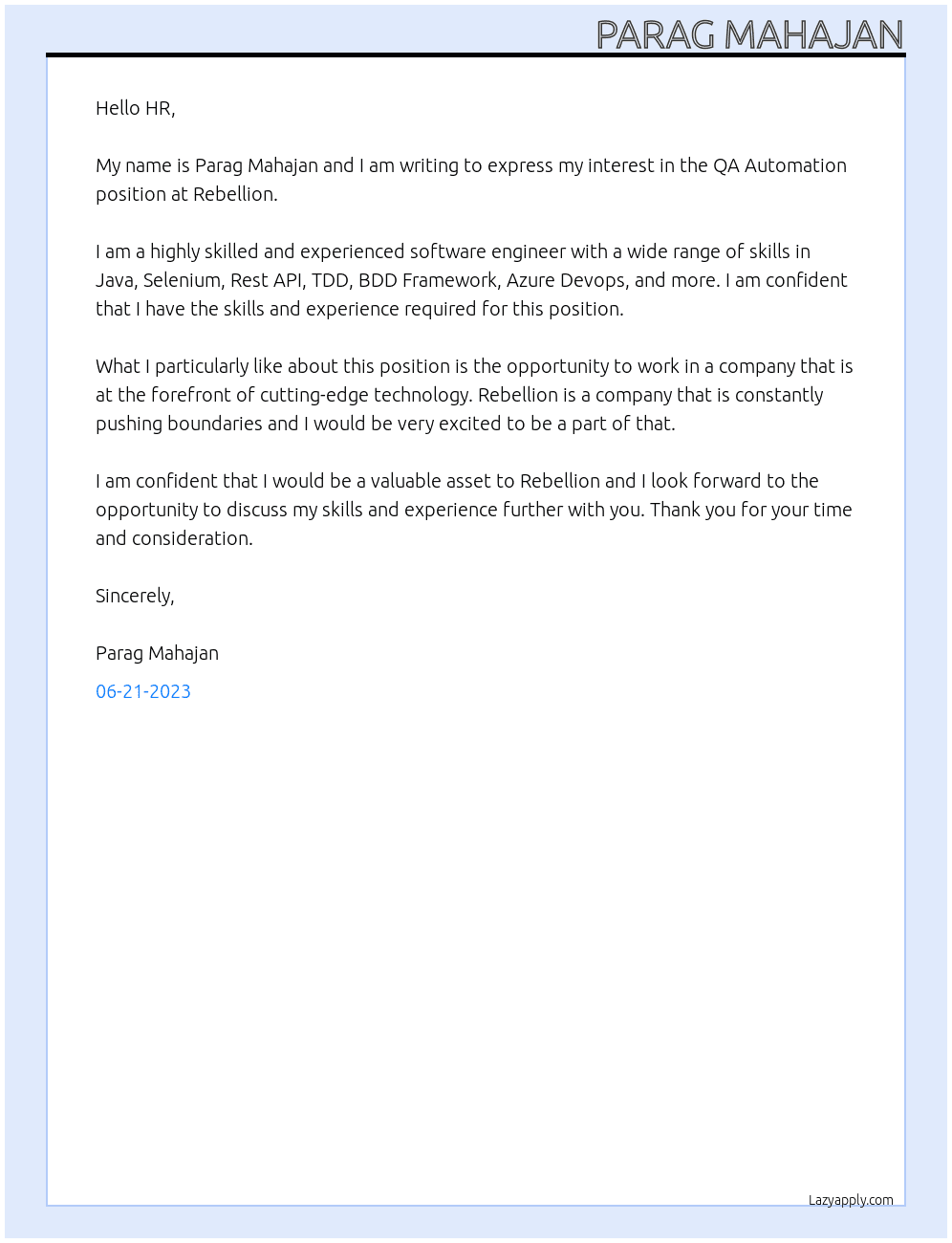 QA Automation At Rebellion Cover Letter