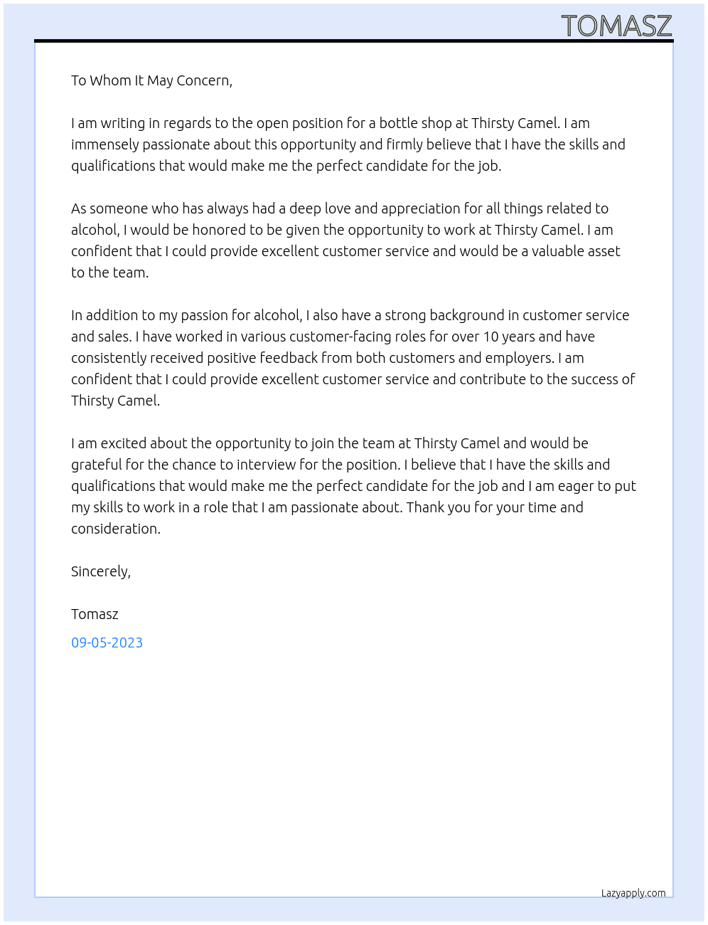 Bottle shop At Thirsty Camel Cover Letter