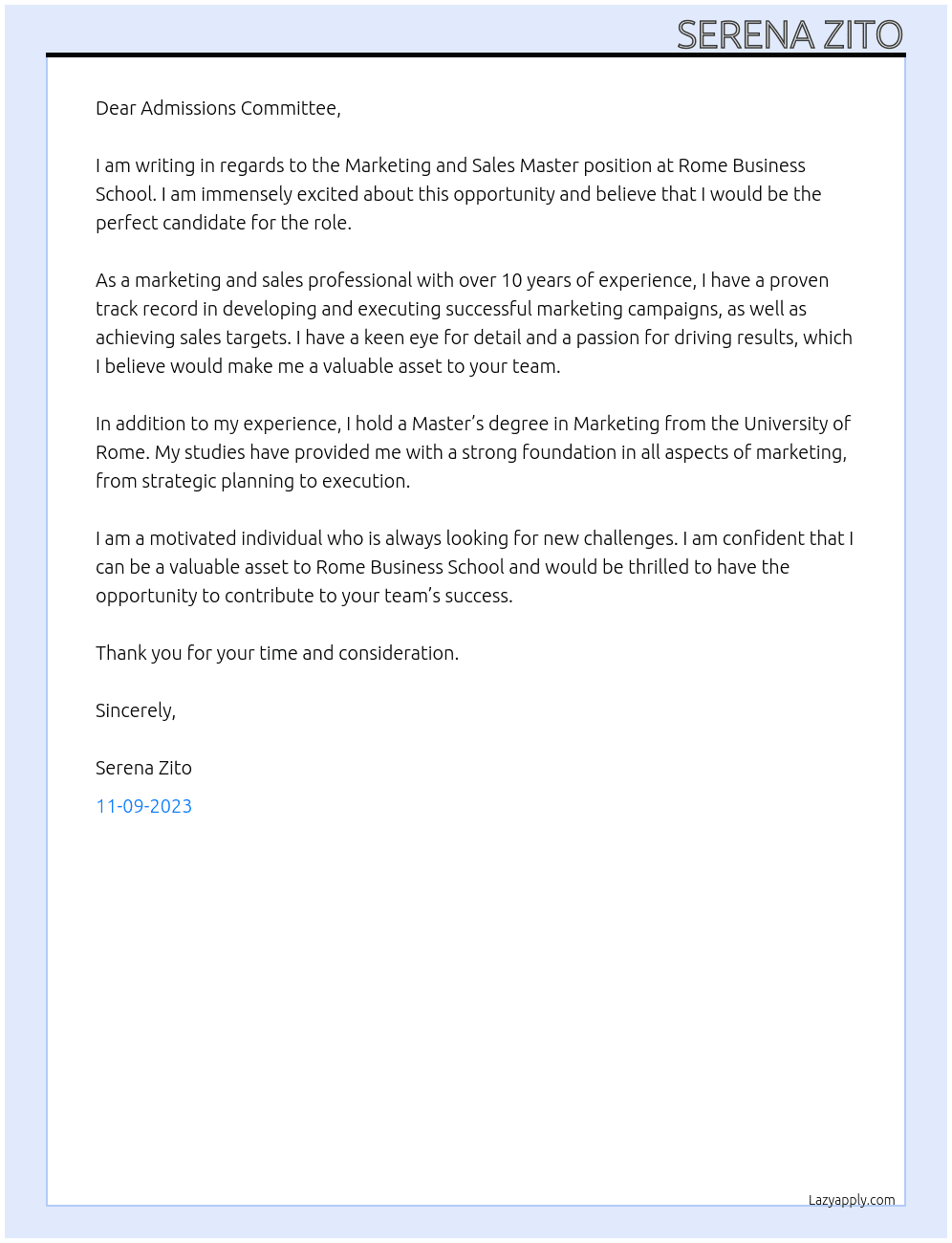 Marketing and sales Master At Rome Business School Cover Letter
