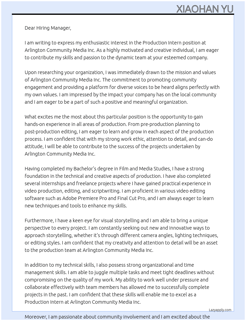Production Intern At Arlington Community Media Inc. Cover Letter