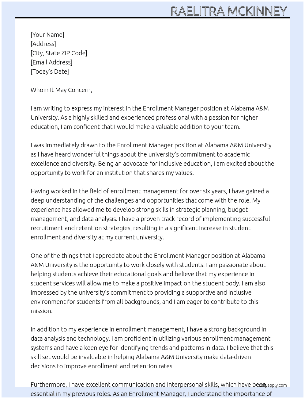 Enrollment Manager  At Alabama A&M University  Cover Letter
