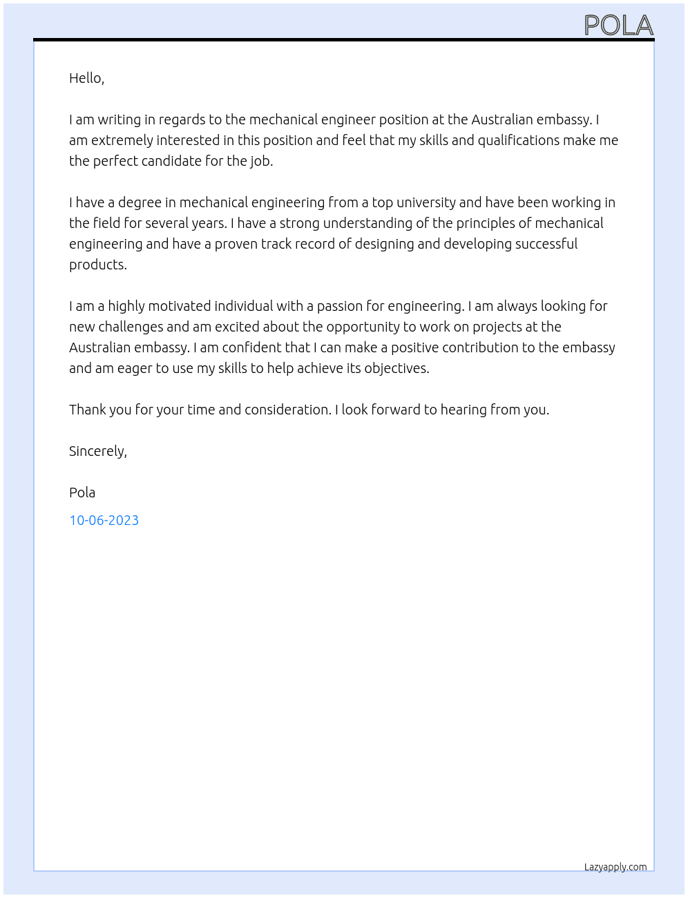 Mechanical engineer  At Australian immigrants  Cover Letter