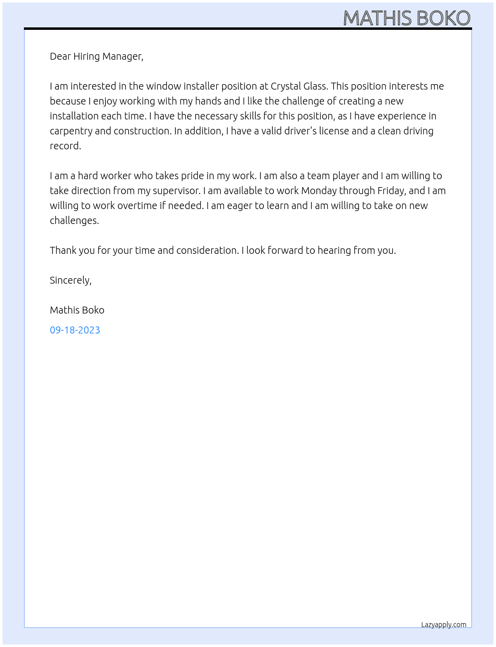 Window installer At Crystal Glass Cover Letter