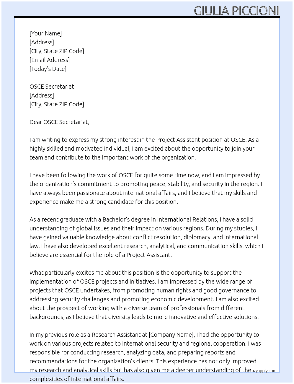 Prject Assistant At OSCE Cover Letter