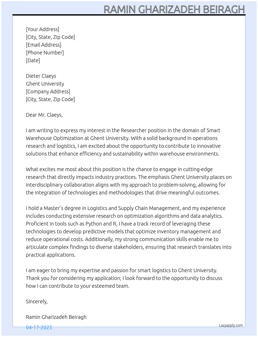 Researcher in the domain of Smart Warehouse Optimization At Ghent University Cover Letter