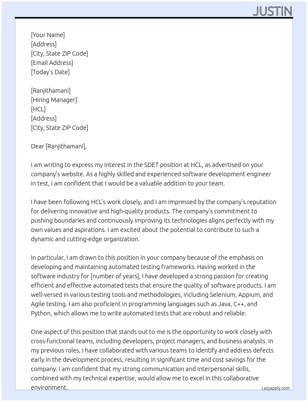 SDET At HCL Cover Letter