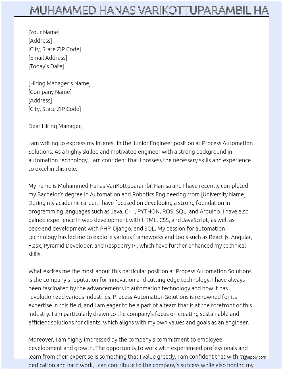 Junior engineer  At Process Automation Solutions Cover Letter