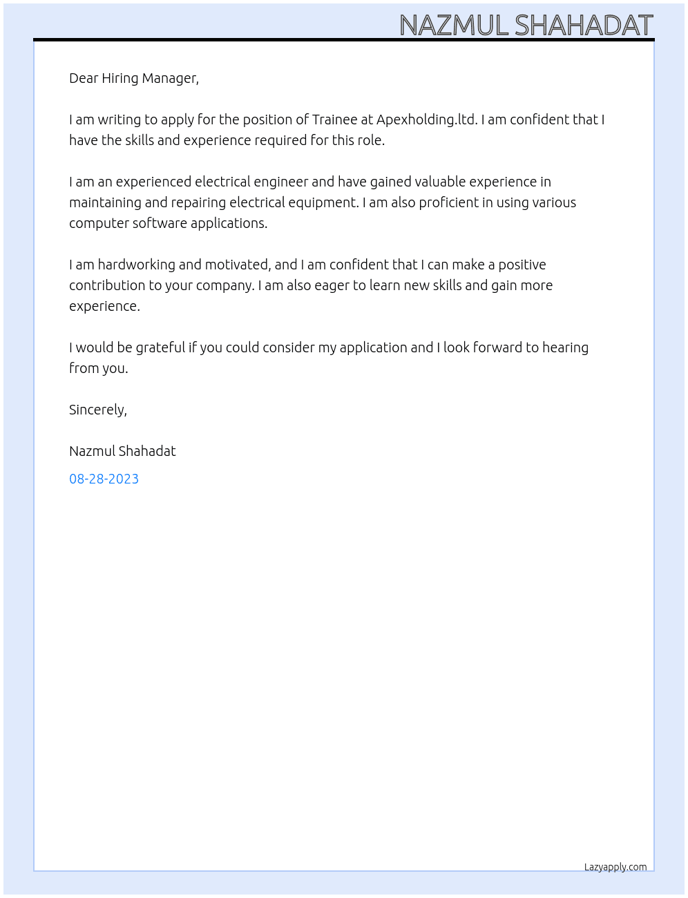 Trainee  At Apexholding.ltd Cover Letter