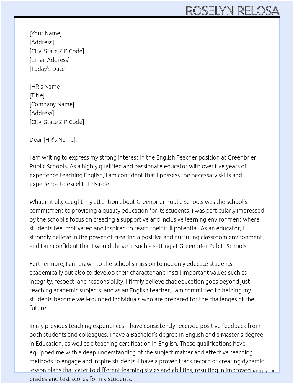 English Teacher At Greenbrier Public Schools Cover Letter