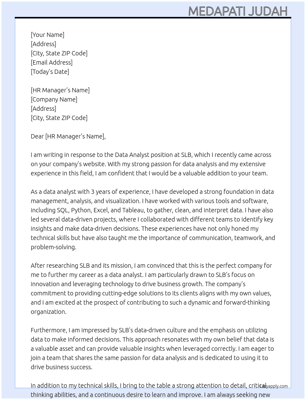 data analyst At SLB Cover Letter