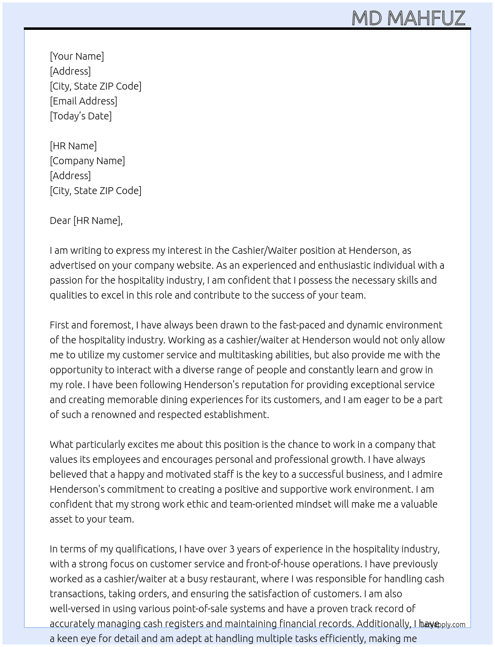 Cashier/waiter At Henderson Cover Letter