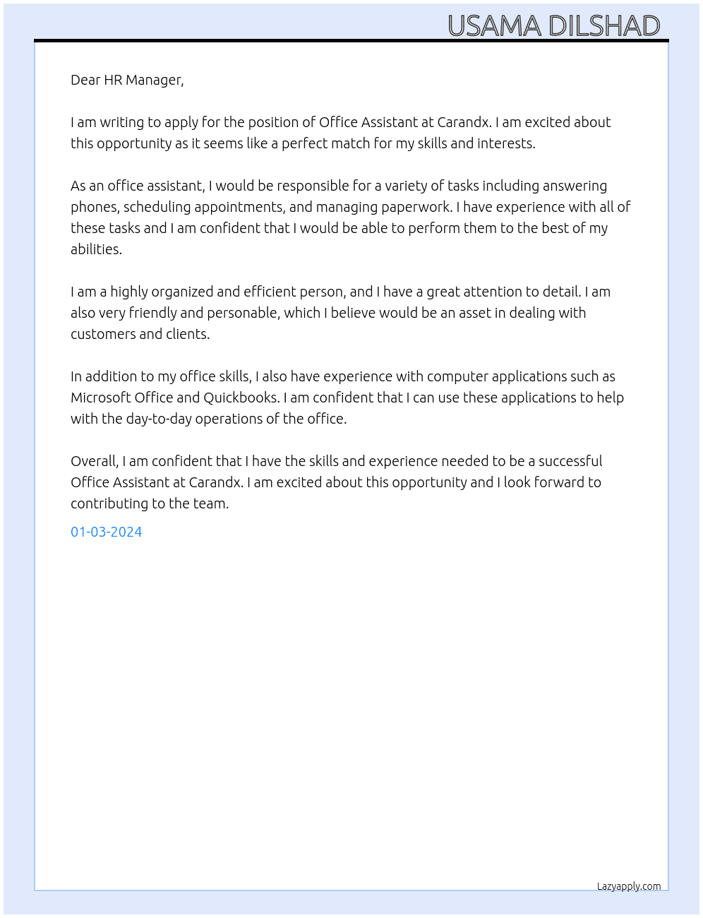 Office Assistant  At Carandx Cover Letter