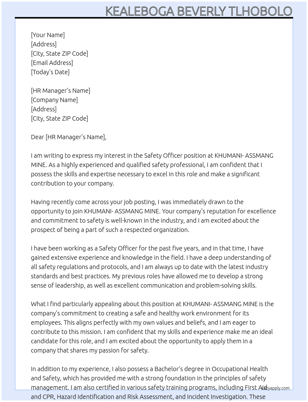 SAFETY OFFICER At KHUMANI- ASSMANG MINE Cover Letter