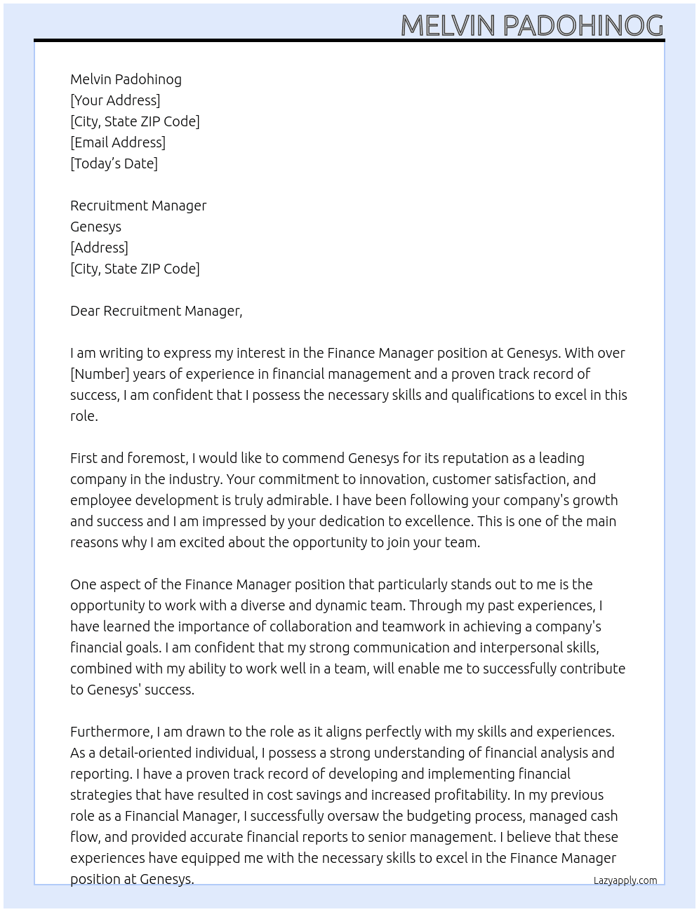 Finance Manager At Genesys Cover Letter