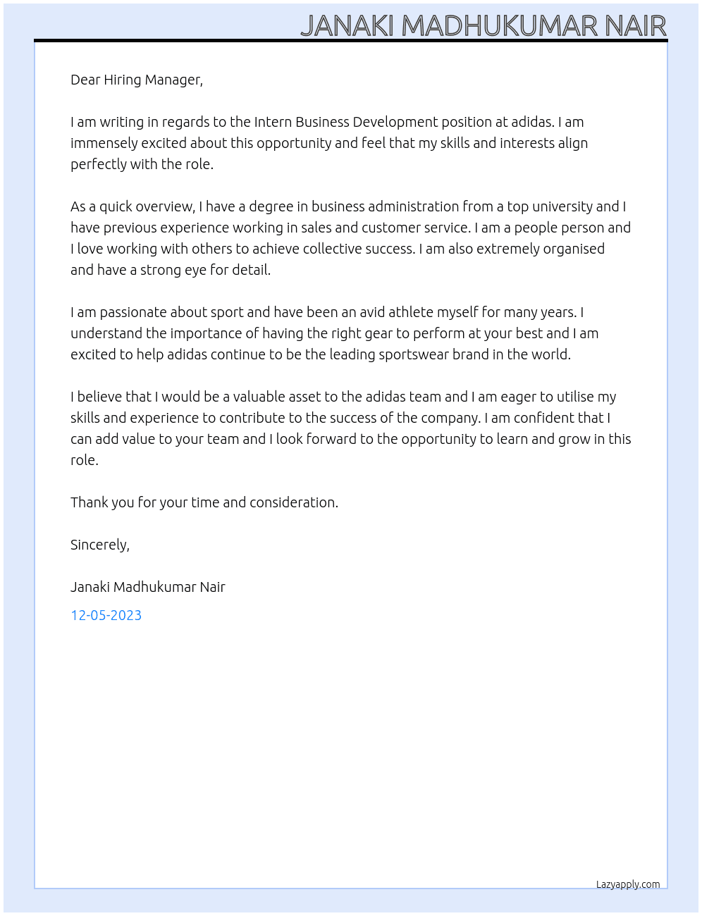 Intern Business Development  At adidas Cover Letter