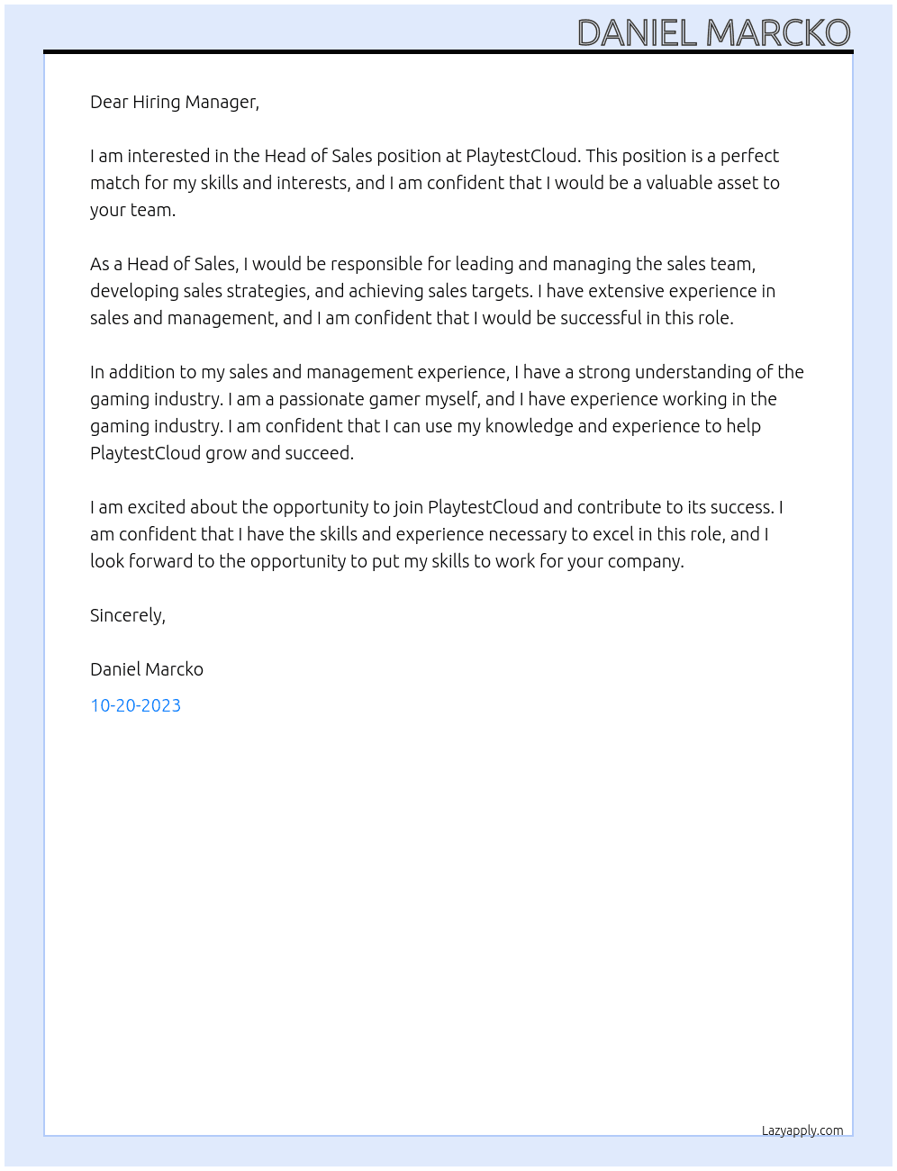 Head of Sales At PlaytestCloud Cover Letter