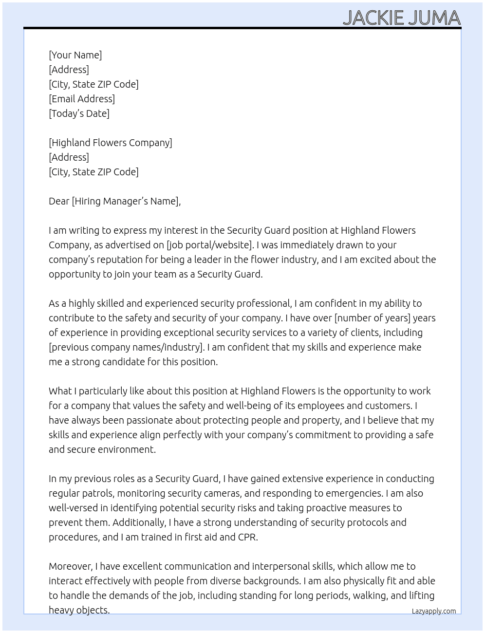 Security guard At Highland flowers company Cover Letter