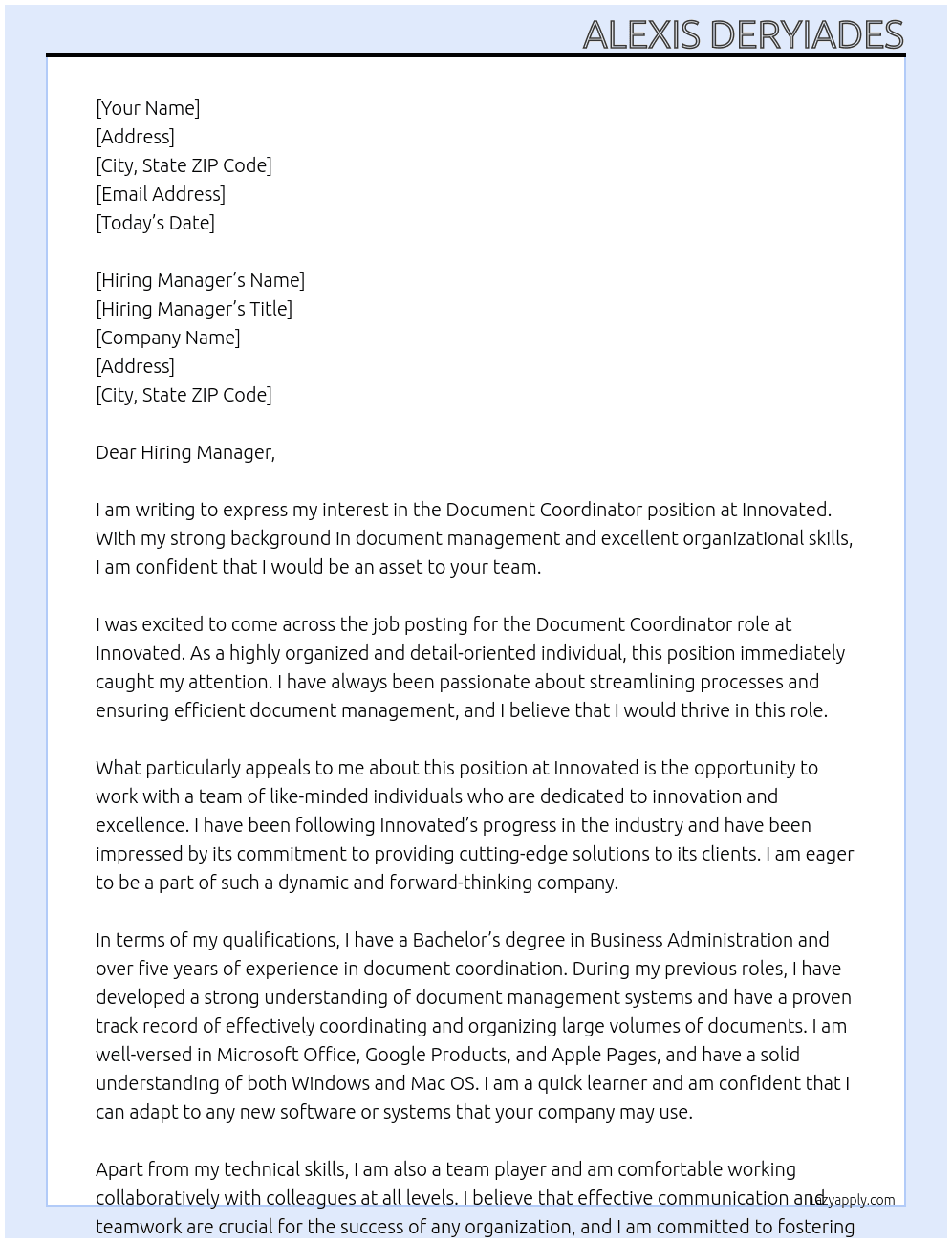 Document Coordinator  At Innovated Cover Letter