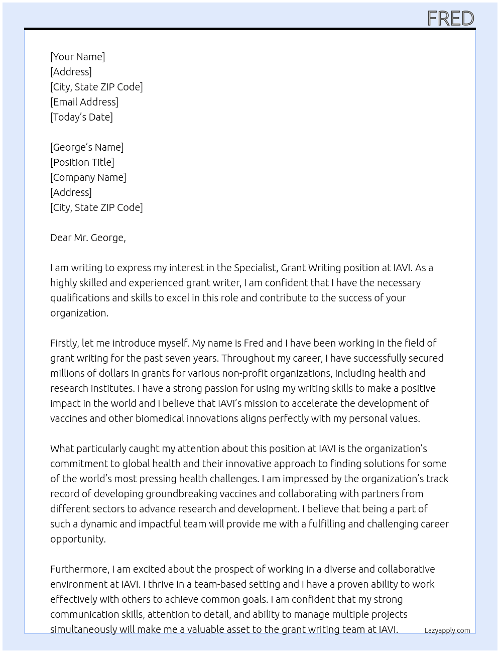 specialist, grant writing  At iavi Cover Letter