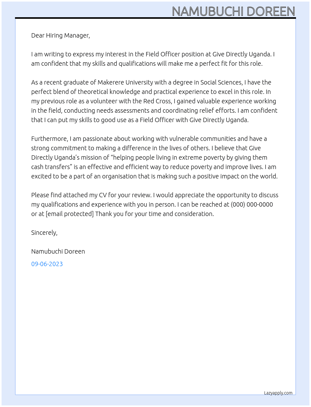 Field officer At Give Directly Uganda Cover Letter