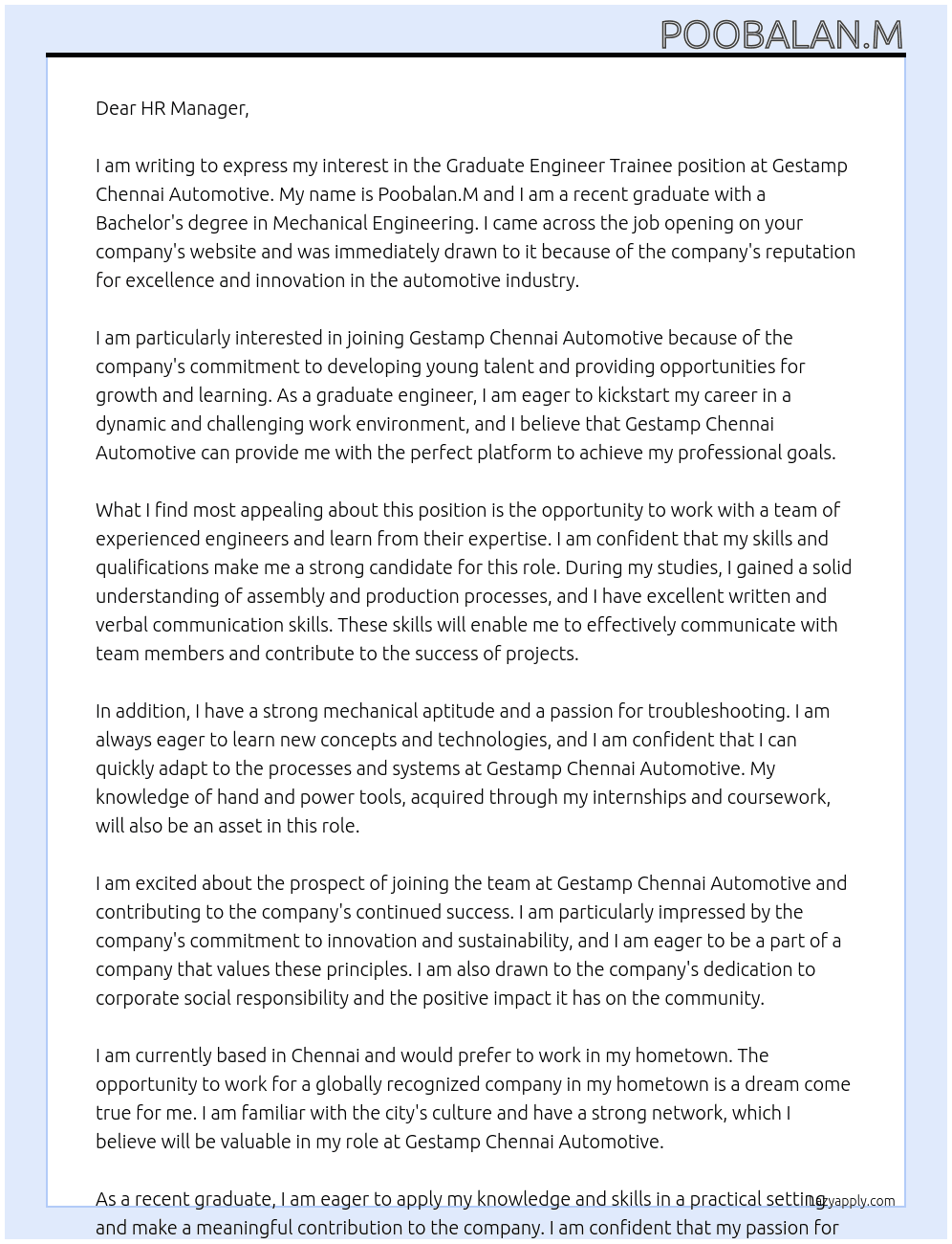 Graduate engineer trainee  At Gestamp chennai automotive Cover Letter