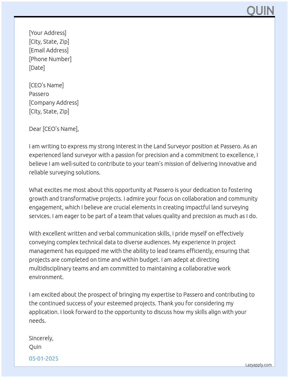 Land surveyor At Passero Cover Letter
