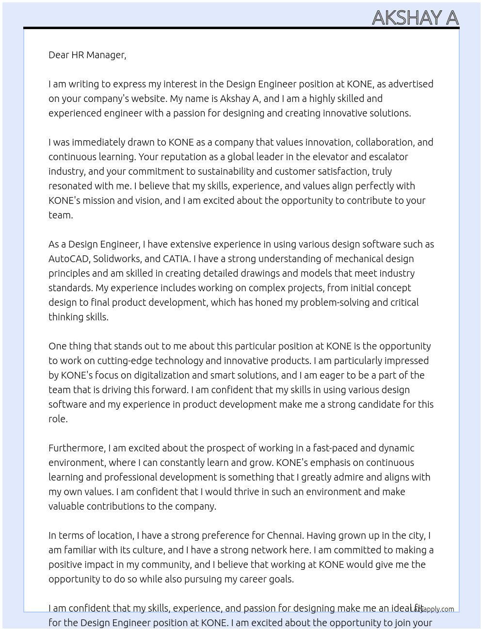 Design engineer  At KONE Cover Letter