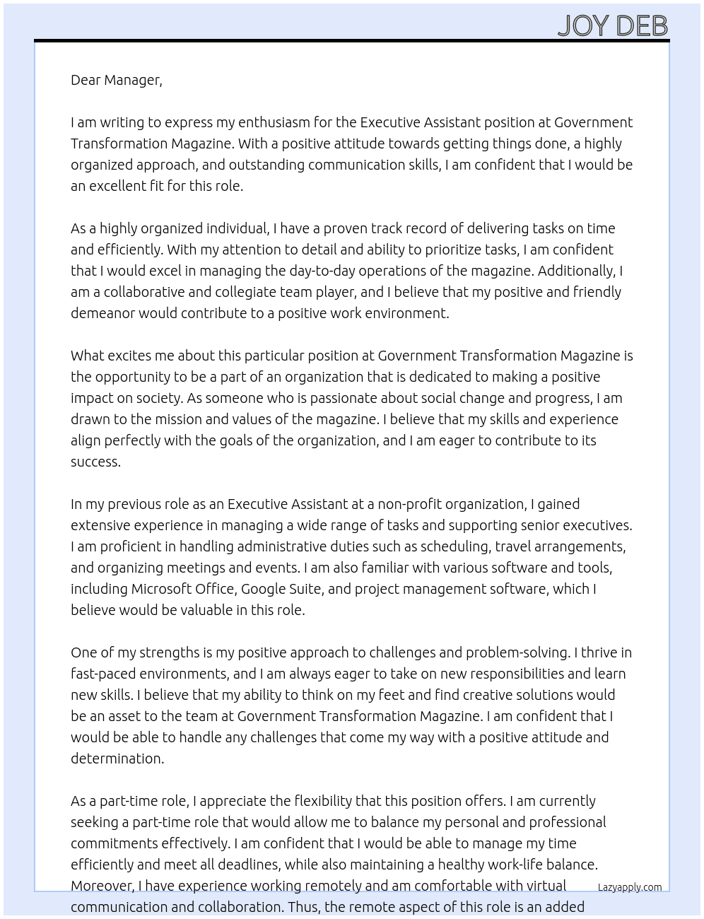 Executive assistant  At Government transformation magazine  Cover Letter