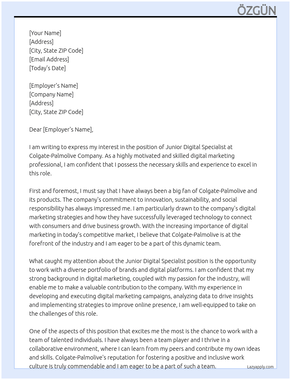 Junior Digital Specialist At Colgate-Palmolive Company  Cover Letter