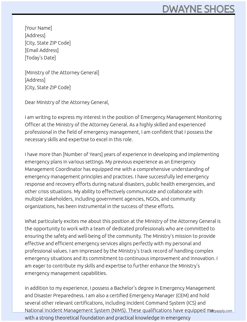 Emergency Management Monitoring Officer At Ministry of the Attorney General Cover Letter