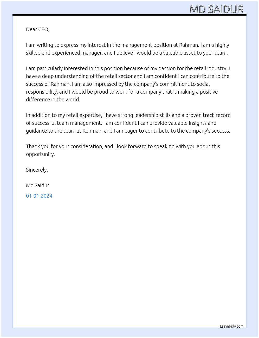 managment  At rahman  Cover Letter