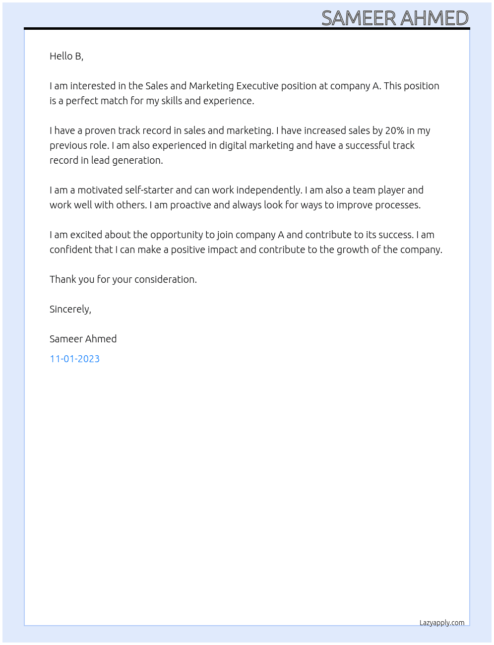 Sales and Marketing Executive  At A Cover Letter
