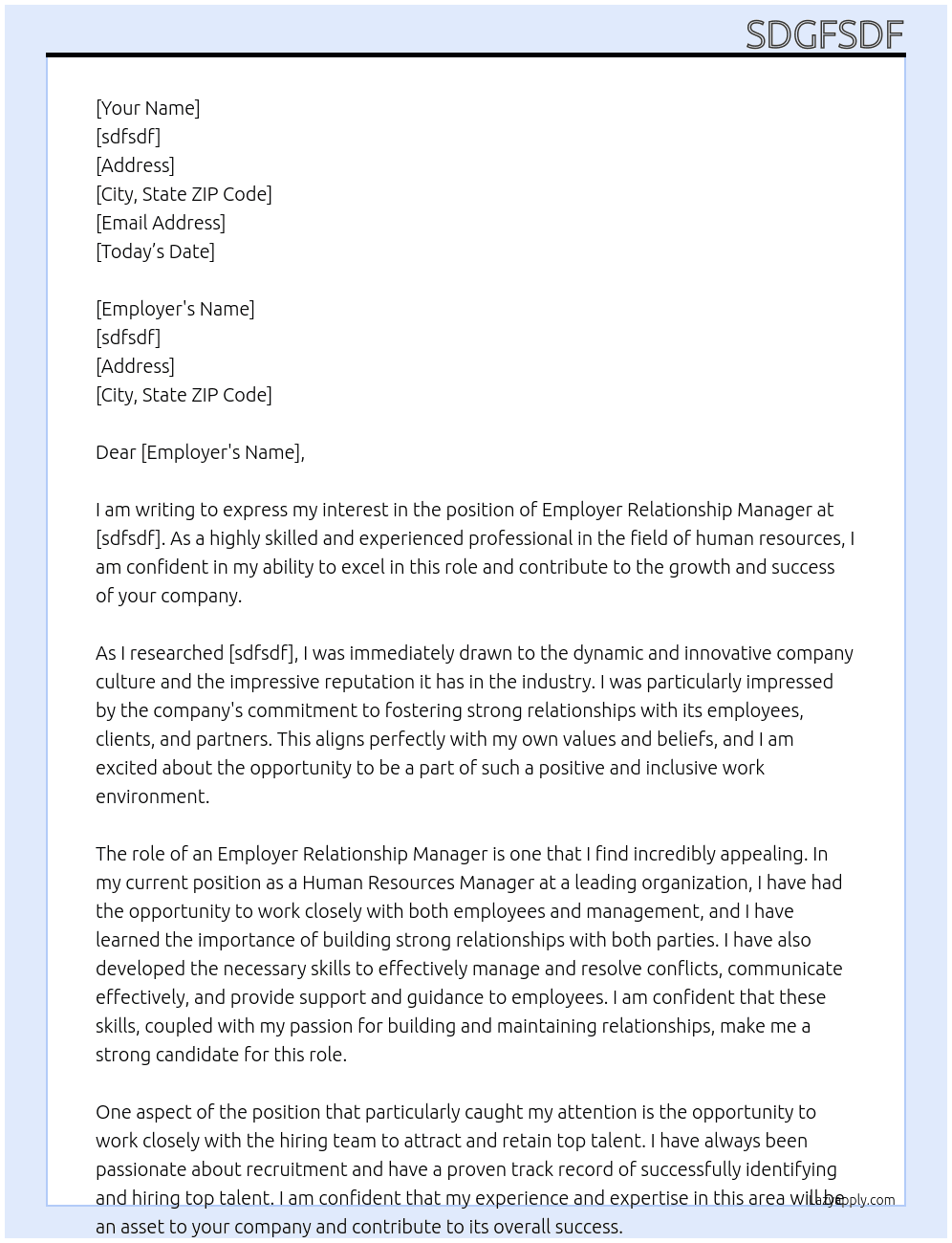 Employer Relationship Manager At sdfsdf Cover Letter