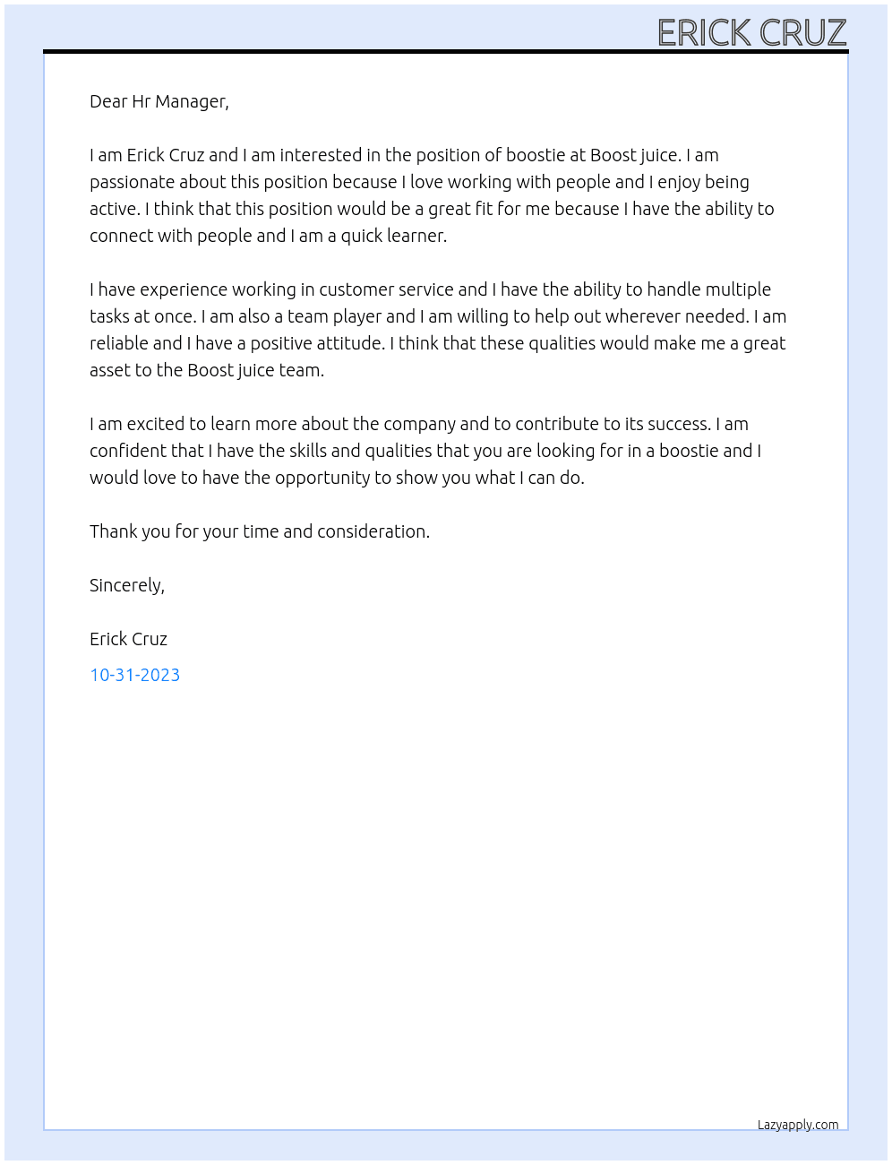 boostie At Boost juice Cover Letter