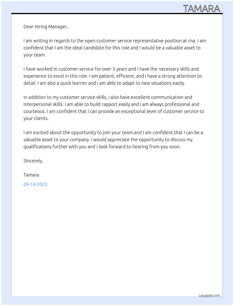 customer service representative  At cna Cover Letter