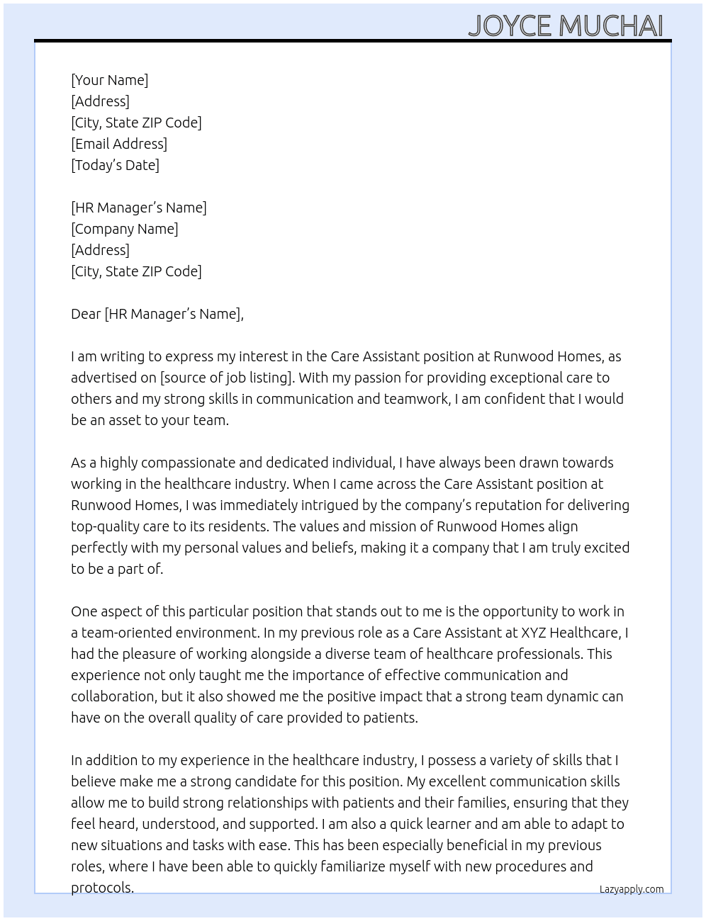 Care assistant  At Runwood Homes  Cover Letter